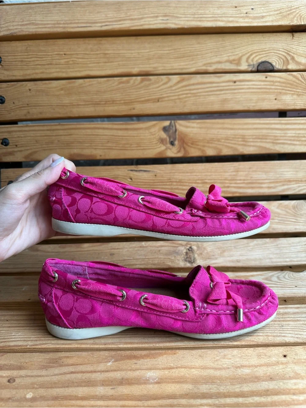 Coach Hot Pink Bow Boat Shoes/Loafers